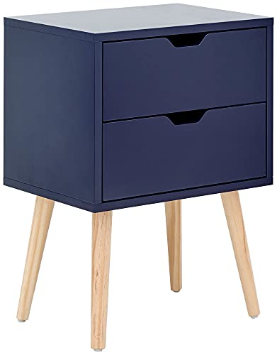 GFW Nyborg 2 Drawer Bedside Cabinet, Nightshade Blue Scandi Bedside Table with Wooden Legs and Cut-Out Handles