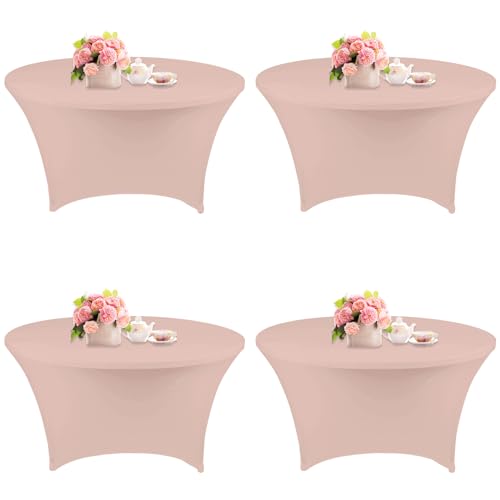 4 Pack 5FT Round Spandex Tablecloth 60 Inch Stretchable Table Cover Washable and Wrinkle Resistant Table Cloth, Fitted Round Table for Wedding, Banquet, Birthday, Party, Restaurant (Cameo Brown)