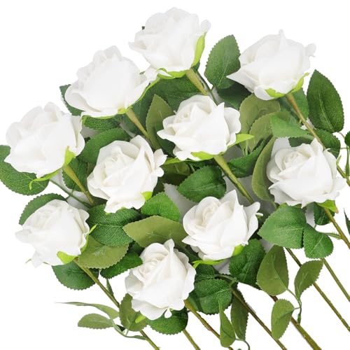 Kenpal 10pack Realistic Fake Roses Artificial flowers with Stem for Wedding Decoration Centerpieces Bouquets (White)