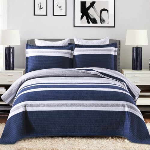 PERHOM King Size Quilt Navy Blue Striped Quilts King Size, 100% Cotton King Quilt with 2 Shams, Lightweight Soft Bedspreads/Coverlet/Bedding Set for All Season, 3 Pieces