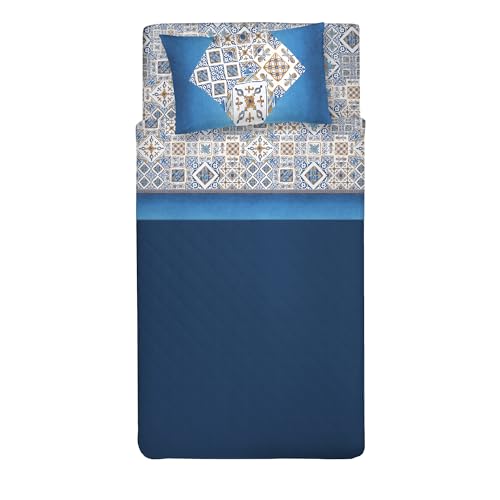 PENSIERI DELICATI Single Bed Set, 100% Cotton, Single Bed Sheet Set, 90 x 200 cm, Including Bottom Sheet, Top Sheet and 1 Pillow Case, Made in Italy, Blue Majolica Pattern