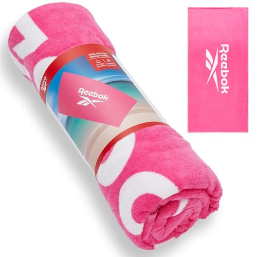 Reebok Positano Beach Towel - Cotton Beach Towel with Velour Facing - Large Beach Towel for Adults - Quick-Dry & Soft - For Pool, Sun Lounger & Holiday Essentials - 70 x 140cm - Atomic Pink