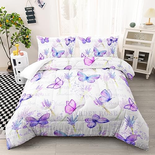 XYNHML Butterfly Comforter Set Twin Size for Girls Kids Adults Lavender Flowers Pattern Bedding Set Aesthetics Butterflies Quilt Bed Set with 1 Comforter and 2 Pillowcases