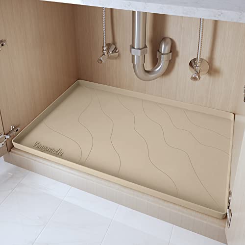 "Vangostella Heavy Duty Silicone Under Sink Mat for Kitchen Waterproof 34"" x 22"", Extra Thick Rubber Mat Drip Tray, Raised Edge Under Sink Liner, Prevent Drips, Leaks, Spills, Beige"