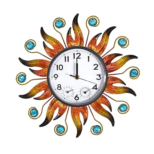 HOBYLUBY Sun Outdoor Clock with Thermometer and Hygrometer Combo, Silent No-Ticking Outdoor Wall Clock, Waterproof Quartz Clock for Patio, Living Room, Kitchen, Garden, 13 Inch