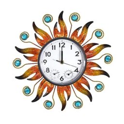 HOBYLUBY Sun Outdoor Clock with Thermometer and Hygrometer Combo, Silent No-Ticking Outdoor Wall Clock, Waterproof Quartz Clock for Patio, Living Room, Kitchen, Garden, 13 Inch