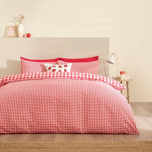Catherine Lansfield Bamford Gingham Check Reversible Super King Duvet Cover Set with Pillowcases Red