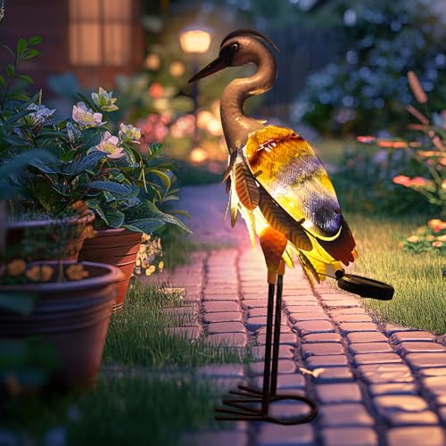 HONGLAND Solar Heron Metal Crane Statue Garden Heron Sculpture, Glass Outdoor Crane Yard Art Coastal Ocean Bird Decor 24 Inch Lawn Ornament for Backyard Porch Patio Decor???Purple???