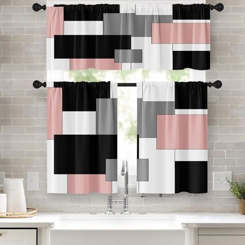 Tayney Pink Kitchen Curtains Black Grey Window Curtains Valance and Tier Set 36 Inch, White Modern Rod Pocket Short Tier Curtain for Bathroom, Abstract Art Small Cafe Curtains for Decor