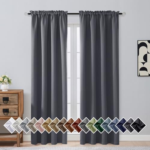 OVZME Charcoal Grey Blackout Curtains for Bedroom 84 Inch Length 2 Panels Set, Soft Fabric Room Darkening Curtains for Living Room, Rod Pocket Design Modern Window Treatment Drapes, 2x40Wx84L Inches