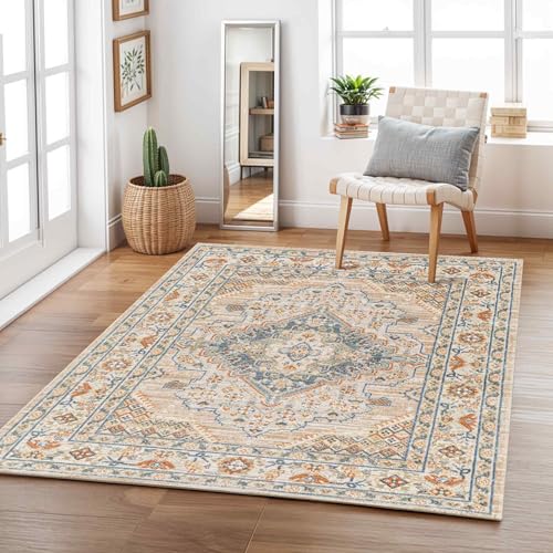 Livabliss Marion Manama Machine Washable Floor Covering 140x200 cm – Vintage Boho Pattern for Living Room, Dining & Kitchen, Easy Care, Beige, Blue & Dark Orange