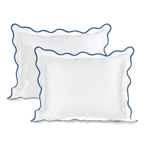 "Ridhi White with Blue Scalloped 100% Cotton 400 TC Throw Pillow Covers 20""x26"" Set of 2 Solid Pure Farmhouse Case Soft Home Decor for Sofa, Bed, Couch, Living Room Gift for Spring, Easter, Valentine"