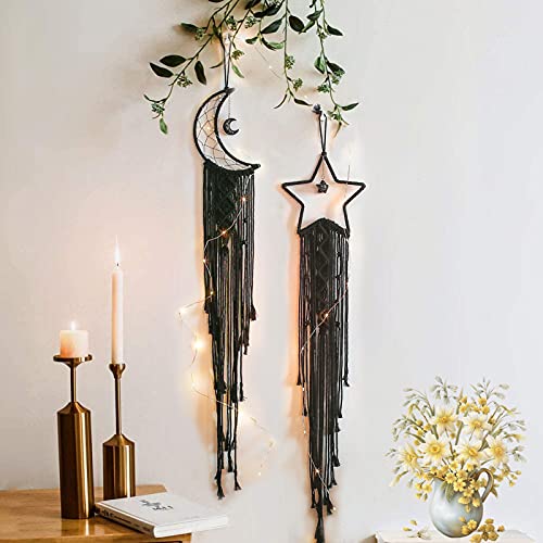 Moon Star Dream Catcher Decor,2pcs Boho Home Moon Star Black Dreamcatcher, Bohemian Wall Hanging Dream Catcher Decor for Home Wedding Room Craft Gift Decoration and Led Light String