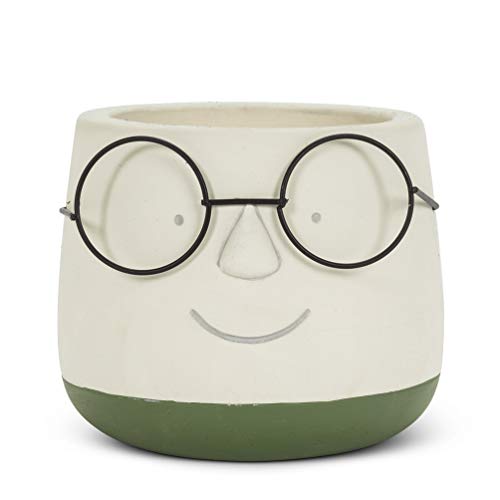 "Abbott Collection Large Face Planter with Metal Glasses, Cement (6"" D)"