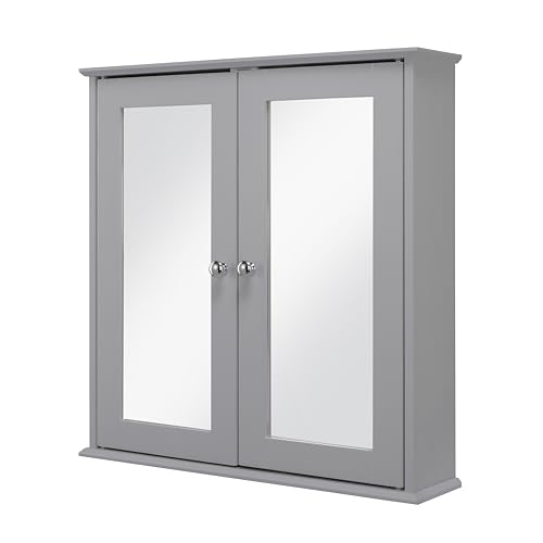Croydex Ashby Grey Wooden Cabinet for Bathroom - Double Door Bathroom Mirror Cabinet with 2 Adjustable Shelves and Easy Hang 'n' Lock Installation (58 x 56cm)