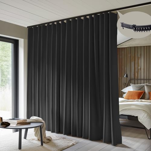 MaKefeile Room Divider Curtains with Flexible Ceiling Curtain Tracks Set,100% Blackout Floor to Ceiling Curtains Patio Sliding Door Curtains (Black Drape & Black Rail W 15 ?? H 8 FT)