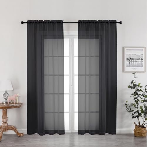 "OWENIE Black Sheer Curtains, Sheer Curtains 78 inch Length 2 Panels Set, Rod Pocket Voile Fimly Sheer Drapes for Living Room/Bedroom, 2pcs, Each 42"" W x 78"" L, Black"