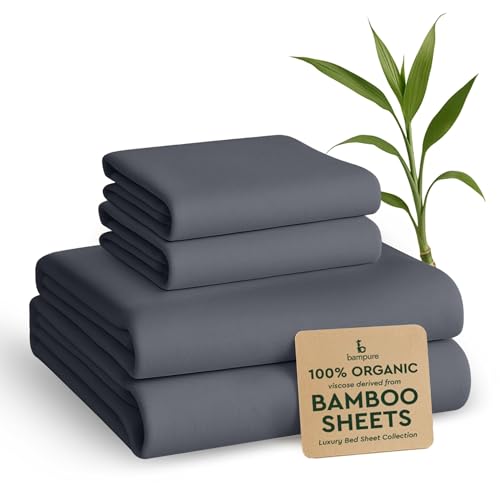 "BAMPURE 100% Rayon from Bamboo Sheets King Size - 4pc Cooling King Sheets - Breathable, Viscose Bamboo Cooling Sheets King Size - up to 16"" Deep Pocket -Ultra Soft Hotel Luxury Bed Sheets Charcoal Gray"