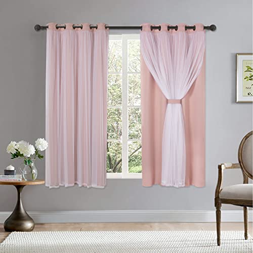 BONZER Mix and Match Blackout Curtains Grommet Double-Layered Curtains with White Sheer Voile for Girls Bedroom, Blush, 52x63 Inch, Set of 2 Panels