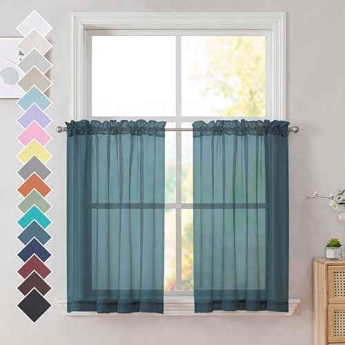 "OVZME Dusty Blue Sheer Curtains 36 inches Long, Short Kitchen Window Treatment Solid Sheers Cafe Curtains Bathroom Voile Half Window Curtains 2 Panels, Rod Pocket, 42"" Wx36 L"
