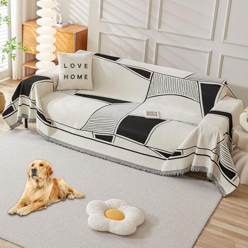 "HAOMAIJIA Non Slip Couch Cover Sofa Covers for 3 Cushion Couch Washable sectional Couch Covers for Dogs pet Furniture Protector Couch Cover Blanket for Living Room (Black-Cream, 91""x134"")"
