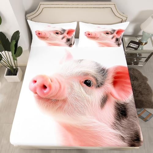 Erosebridal Pig Bedding Set Cute Pig Fitted Sheet Animal Theme Bed Cover Farm Animal Sheet Set with Deep Pocket for Kids Boys Girls Teens 3Pcs with 1 Pillow Case Twin Size