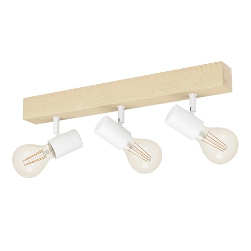 Eglo Ceiling Light Fitting Townshend 3, Vintage Ceiling lamp, Spotlight bar with 3 orientable spot Lights, Retro Light Fixture Made of Steel and Wood, White, Brown, E27 Socket, FSC Certified