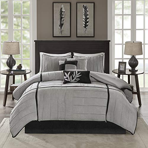 "Madison Park All Season, Matching Bed Skirt, Decorative Pillows, Polyester/Polyfill, Dune Suede, Black Grey, King(104""x92"")"