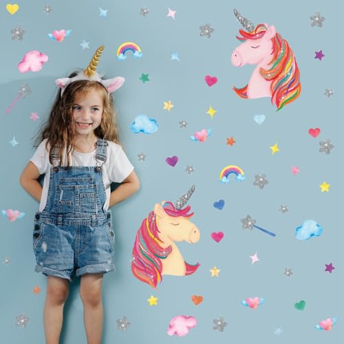 WALPLUS Christmas Decorations Wall Stickers Watercolour Unicorns with Glitter Stars Wall Art Window Display Clings Decals Living Room Sale Clearance PVC Decals for Glass Xmas Winter Décor