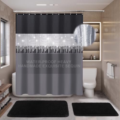 XLHOMO Shower Curtain Set Black Bathroom Sets with Shower Curtain and Rugs Glitter Waterproof Shower Curtain with Non-Slip Bathroom Rugs for Hotel Shower Bathroom Decor