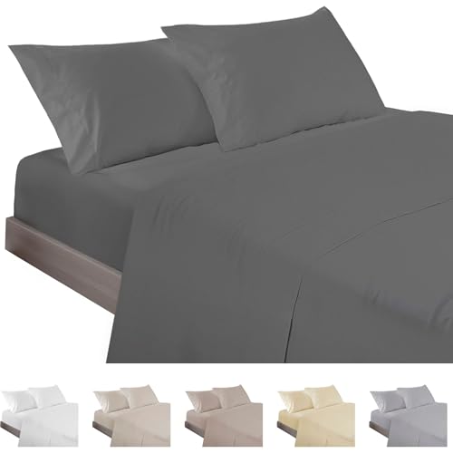 ECOMMERC3 - 4-Piece Bed Sheet Set 200 Made in Spain - Sheet Set with Fitted Sheet, Top Sheet and 2 Pillowcases 45 x 110 cm Anthracite