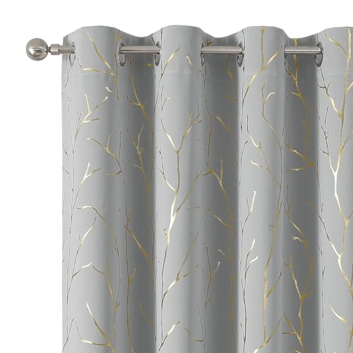 BUHUA Blackout Curtains 84 Inches Long, Gold Foil Print Pattern Room Darkening Curtain, Living Room Curtains & Drapes, Thermal Insulated Window Panel Set, 52 x 84 Inch, Silver