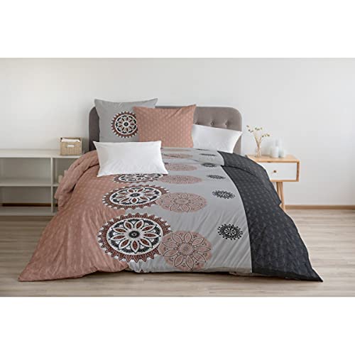 Home Linge Passion - Duvet Cover Set - 3 Pieces - 100% Cotton - 57 Thread Count - Double - 220 x 240 cm - Yucatan - Grey and Old Pink