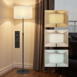HOMCOM Floor Lamp with Remote, Height Adjustable Standing Lamp with Linen Shade, Dimmable with 3000K-6000K Adjustable Colour Temperatures, Foot Switch for Living Room Bedroom Office, Black