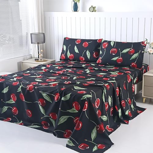 SDIII 4PCS Red Cherry Bed Sheets Set Full, Microfiber Cherry Full Size Bed Sheets for Girls Boys Kids and Teens, Cherry Sheets Full on Amazon