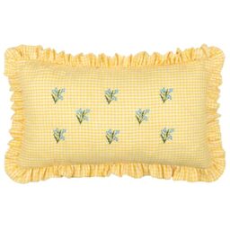 furn. Les Petite Fleurs Feather Filled Cushion – Embroidered Floral Ruffle Trim Gingham Decorative Pillow (Yellow – 40x60cm)