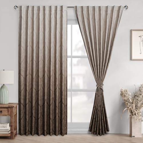 DWCN Brown Ombre Blackout Curtains for Bedroom - Back Tab & Rod Pocket Elegant Damask Design Thermal Insulted Window Drapes with Tiebacks Light Blocking Curtains for Living Room, 2 Panels, W70 x L84