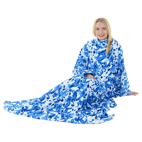Autumn Faith Snuggle Blanket With Sleeves Winter Warm - Blue Floral