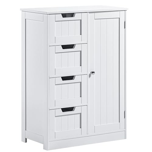 Bath Vida Priano 4 Drawer & 1 Door Bathroom Floor Cabinet - White - Space-Saving Storage - 81H x 60W x 30D cm - Adjustable Shelf - Anti-Tip - Freestanding - Modern Wooden Storage Unit