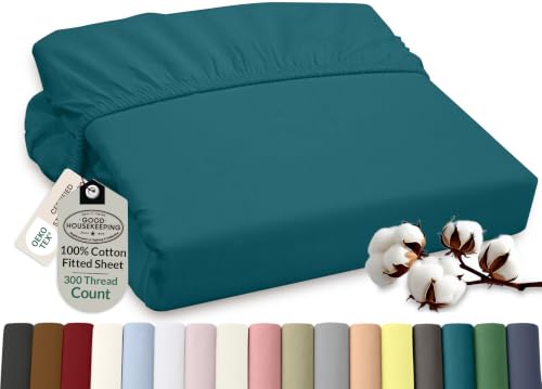 ROYALE LINENS 300 Thread Count 100% Long Staple Combed Cotton Fitted Sheet Full - Super Soft Deep Pocket Bottom Sheet - Fitted Sheets Only - Elastic Sheets (Full, Teal)