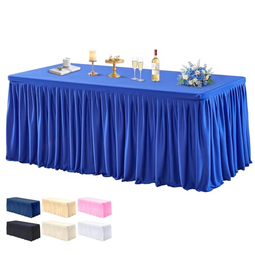 PARTISKY 1 Pack Royal Blue Tablecloths for Rectangle Tables 8ft, Wrinkle Resistant Spandex Table Cover Fitted Stretch Table Cloth with Pleated Ruffle Skirts for Party Banquet Dining Birthday Wedding