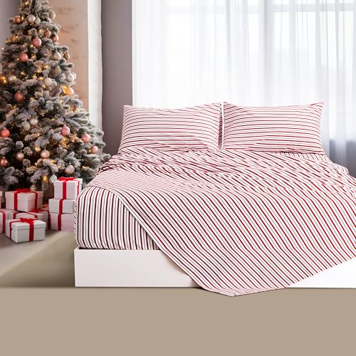 Burgundy Red Striped Sheets Set Twin Size 3 Piece - Super Soft, Easy Care & Breathable Red and White Pinstripe Bed Sheet Set with 16-Inch Deep Pockets, Great Gift for Christmas & Birthday