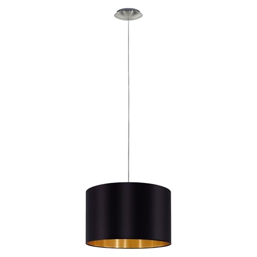 "Eglo Maserlo Textile Pendant Lamp, Nickel Matt Steel with Black and Gold Fabric Hanging Light, E27 Socket, Ø: 38 cm (14.9"")"
