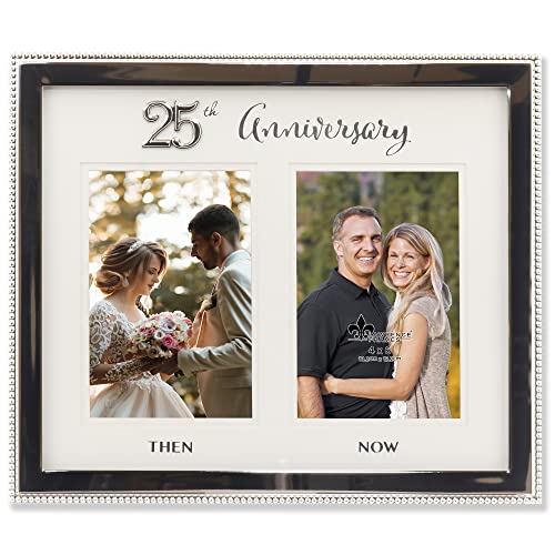 Lawrence Frames 4x6 Double Silver Beaded Metal 25th Anniversary Picture Frame, Then and Now
