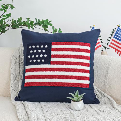Jonhier 4th of July Throw Pillow Cover, Independence Day Patriotic Throw Pillow Case Tufted American Flag Pattern, Textured Cushion Cases Memorial Day Flag Day Decor for Sofa Bed (Blue, 18??? x 18???)