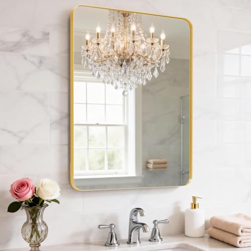YYXW 20X30 Inch Gold Metal Framed Bathroom Mirror for Wall, Gold Rounded Rectangle Mirror, Brushed Gold Bathroom Vanity Mirror Farmhouse, Anti-Rust, Tempered Glass, Hangs Horizontally or Vertically
