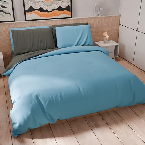 PETTI Artigiani Italiani - Double Duvet Cover Set 260 x 240 cm (2 Pillowcases 50 x 80 cm Included), Soft Microfibre Duvet Cover Set, Solid Colour Light Blue - Dark Grey