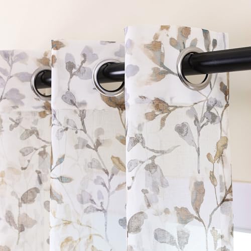 L.Z.E Floral Sheer Curtains 108 Inches Long for Living Room, Light Filtering Taupe Leaf Patterned Curtains for Bedroom Dining Room, Extra Long Brown Printed Window Drapes Grommet Top 2 Panels Set