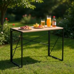 FurnitureR Picnic Tables, Indoor/Outdoor Table, MDF and Metal Frame, No Assembly Required, Portable Camping for Picnic BBQ Barbecue, Garden, 100x50x75cm, Oak