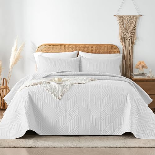 Davulos White Quilt Set Full/Queen Size, Reversible Microfiber Embossing Bedspreads, Breathable Bedding Coverlet Lightweight All Season Bed Cover with Pillow Sham